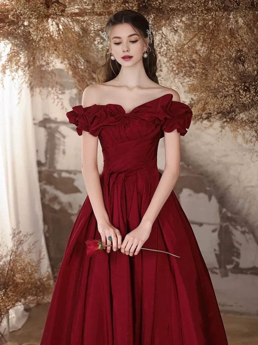 Wholesale A-Line Off Shoulder Satin Burgundy Long Prom Dress gowns evening dresses